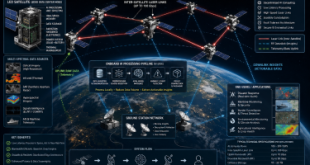 Detailed technical diagram illustrating a space-based AI computing network with low Earth orbit LEO satellite constellations acting as edge data center nodes, utilizing high-speed inter-satellite laser communication links to process multi-spectral telemetry data locally before downlinking actionable insights to terrestrial ground stations.