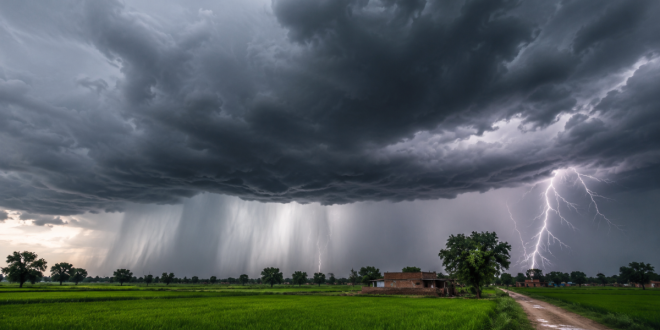 A heavy monsoon cloud formation over a rural field in Uttar Pradesh, India, with visible distant rain curtains and lightning bolts.