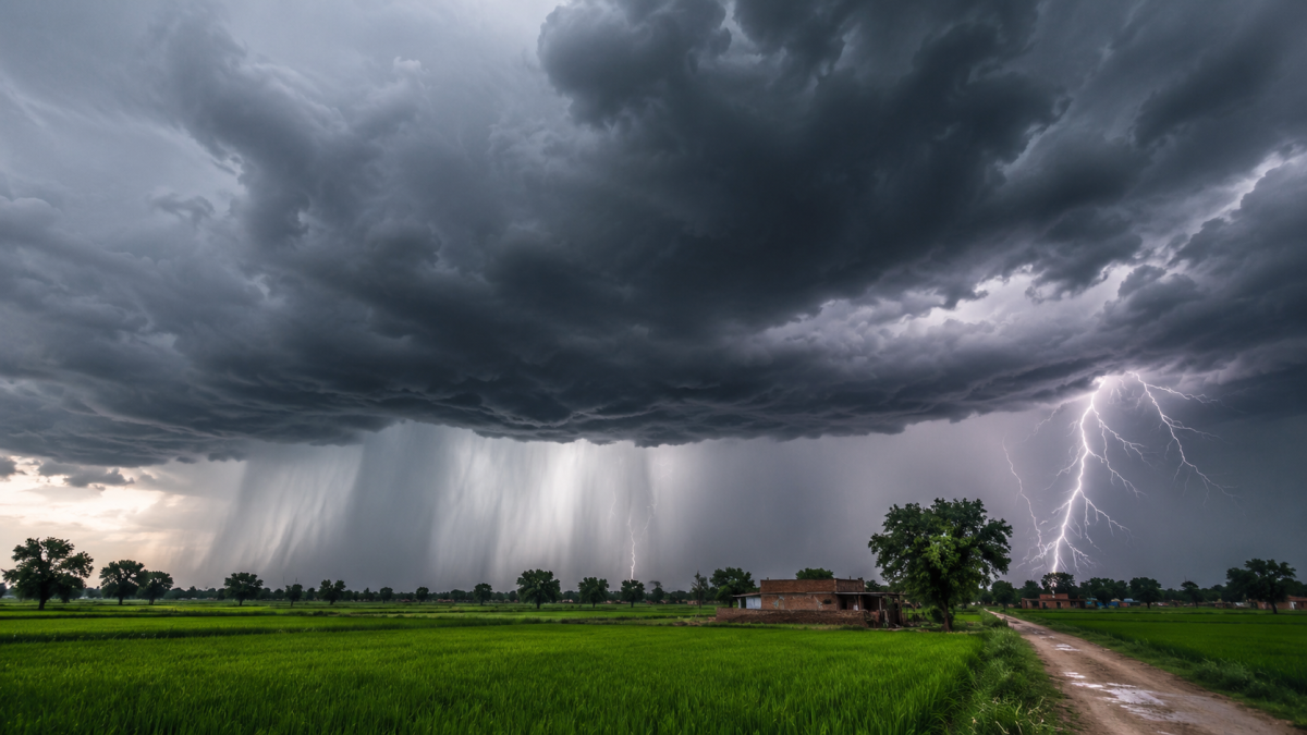 A heavy monsoon cloud formation over a rural field in Uttar Pradesh, India, with visible distant rain curtains and lightning bolts.