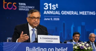 create image for N. Chandrasekaran addressing shareholders at the TCS 31st Annual General Meeting on June 9, 2026.