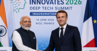 Prime Minister Narendra Modi and French President Emmanuel Macron shaking hands at the Bharat Innovates 2026 deep tech summit inauguration in Nice, France.