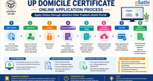 Infographic outlining the step-by-step online application flow for a UP Domicile Certificate via the eDistrict Uttar Pradesh eSathi portal.