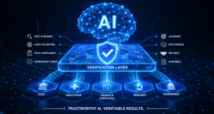 Abstract digital verification layer securing a glowing blue AI neural network, representing trustworthy and verifiable AI infrastructure systems.