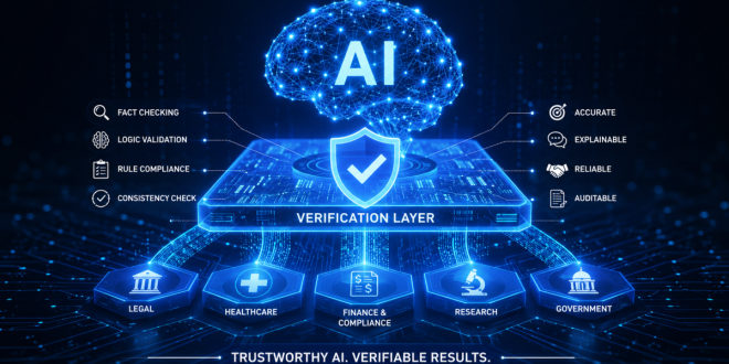 Abstract digital verification layer securing a glowing blue AI neural network, representing trustworthy and verifiable AI infrastructure systems.