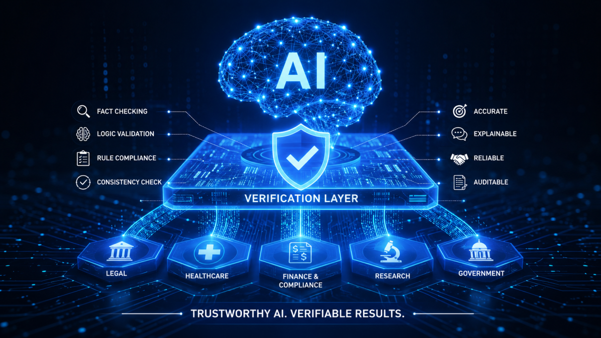 Abstract digital verification layer securing a glowing blue AI neural network, representing trustworthy and verifiable AI infrastructure systems.