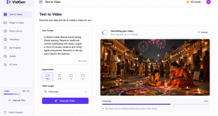 A clean user interface showcasing text-to-video generation processing a prompt for an authentic Indian festival setting.