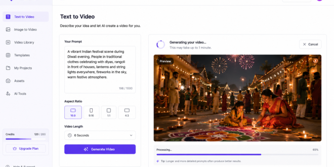 A clean user interface showcasing text-to-video generation processing a prompt for an authentic Indian festival setting.