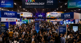 Crowded exhibition halls at the Paris Expo Porte de Versailles venue during the opening day of Viva Technology VivaTech 2026, showcasing global technology booths and international startup pavilions.