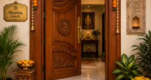 A beautifully carved wooden main door opening inward with a brass nameplate, fresh marigold toran, and an elevated marble threshold to attract positive energy into a new home.