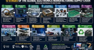 Infographic showing the 13 sequential stages of the global electronics manufacturing supply chain, mapping the workflow from raw material extraction to semiconductor fabrication, PCB assembly, OEM integration, and electronic recycling.