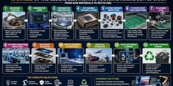 Infographic showing the 13 sequential stages of the global electronics manufacturing supply chain, mapping the workflow from raw material extraction to semiconductor fabrication, PCB assembly, OEM integration, and electronic recycling.
