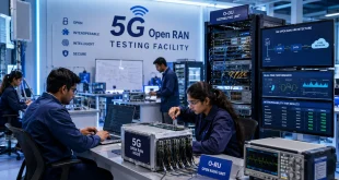 A high-tech laboratory environment showing engineers working on telecom equipment at the 5G Open RAN testing facility.