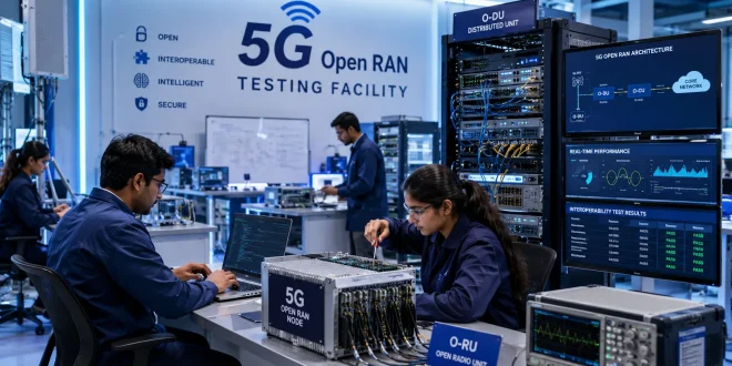 A high-tech laboratory environment showing engineers working on telecom equipment at the 5G Open RAN testing facility.