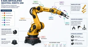Labeled 6-axis articulated industrial robotic arm diagram showing axes of rotation, manipulator links, servo motor joints, and end effector assembly.