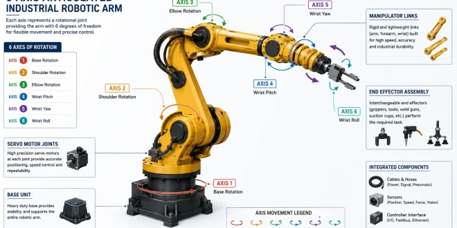 Labeled 6-axis articulated industrial robotic arm diagram showing axes of rotation, manipulator links, servo motor joints, and end effector assembly.