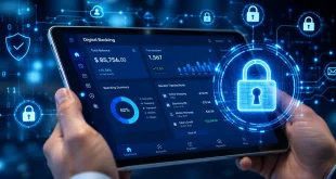 Close-up view of a tablet displaying digital banking metrics overlaid with blue glowing cybersecurity locks, circuit nodes, and data protection icons.