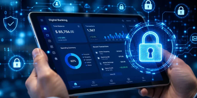 Close-up view of a tablet displaying digital banking metrics overlaid with blue glowing cybersecurity locks, circuit nodes, and data protection icons.