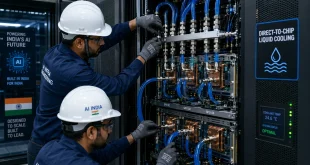 Engineers installing direct-to-chip liquid cooling manifolds inside an advanced Indian AI data center rack.