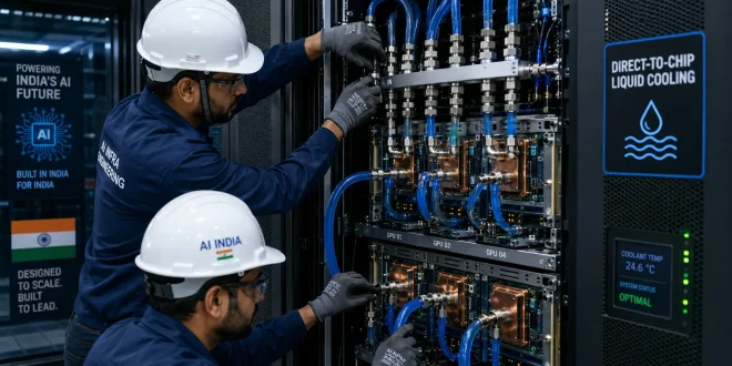 Engineers installing direct-to-chip liquid cooling manifolds inside an advanced Indian AI data center rack.