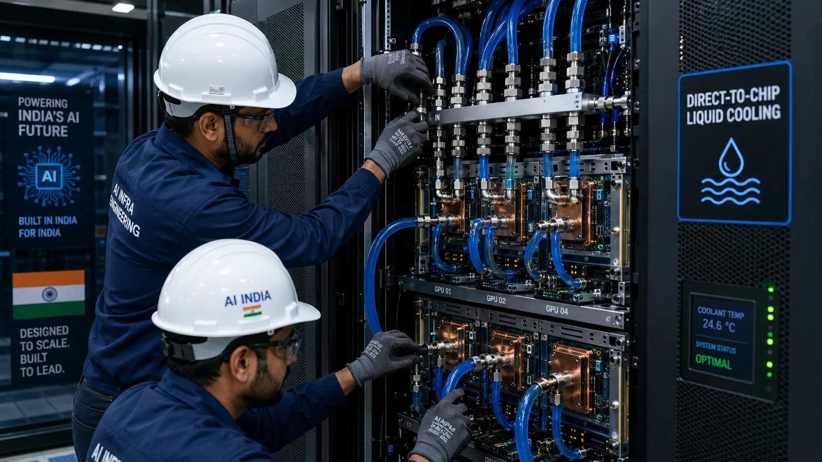 Engineers installing direct-to-chip liquid cooling manifolds inside an advanced Indian AI data center rack.