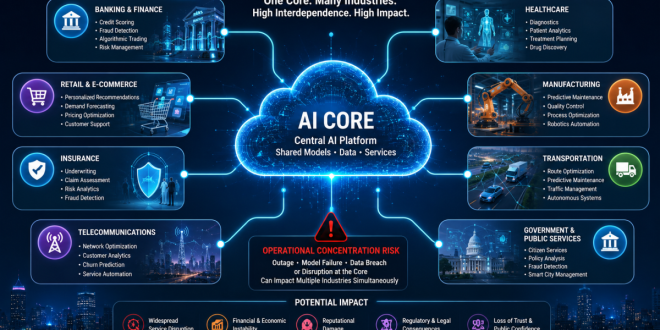 A conceptual diagram showing multiple diverse industries connected to a central, singular AI cloud core, illustrating operational concentration risk.