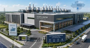 Architectural model of a modern, massive data center building with advanced cooling stacks and solar panels, representing high-performance technology investments in Madhya Pradesh, India.