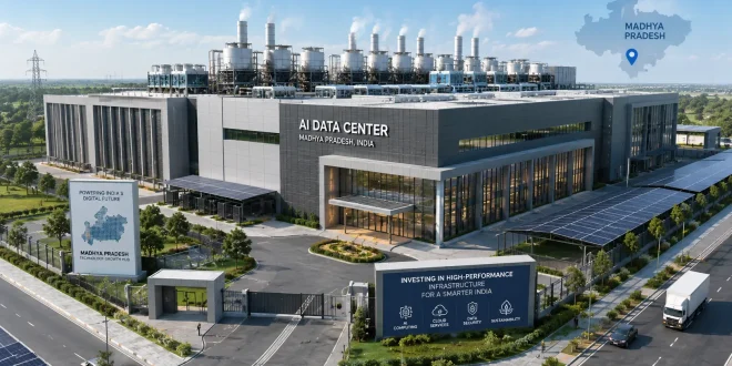Architectural model of a modern, massive data center building with advanced cooling stacks and solar panels, representing high-performance technology investments in Madhya Pradesh, India.
