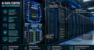 Modern high-density AI data center server racks featuring advanced liquid cooling systems and high-speed networking switches.