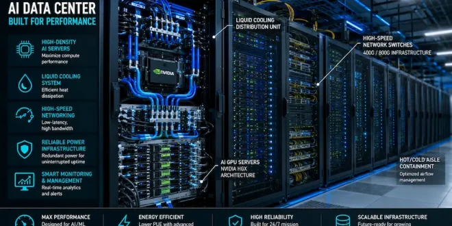 Modern high-density AI data center server racks featuring advanced liquid cooling systems and high-speed networking switches.