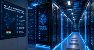 An high-tech server room interior showcasing modern processing racks for cloud infrastructure hosting AI applications in India.