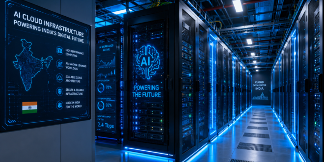An high-tech server room interior showcasing modern processing racks for cloud infrastructure hosting AI applications in India.