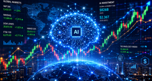Luminous conceptual visual representing global stock market charts overlaid with neural network nodes, symbolizing the intersection of AI investment and financial indices.
