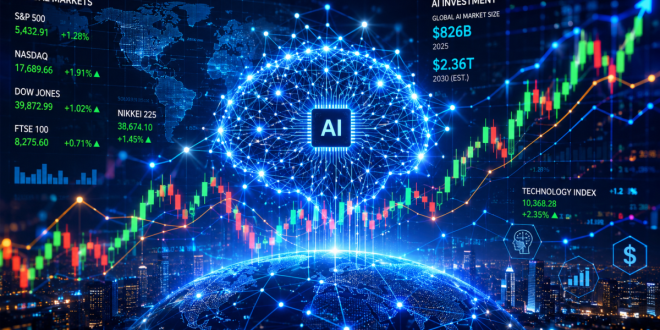 Luminous conceptual visual representing global stock market charts overlaid with neural network nodes, symbolizing the intersection of AI investment and financial indices.