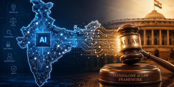 A wide conceptual graphic featuring a glowing digital map of India composed of microchips and neural network nodes, transitioning into a classical bronze gavel to symbolize the standalone AI law framework.