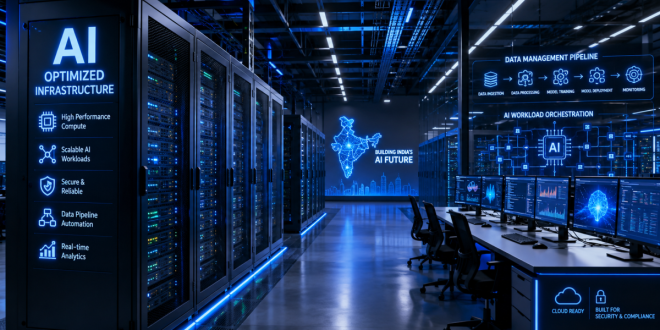 A modern enterprise data center in India showcasing server racks optimized for scaling artificial intelligence and data management pipelines.