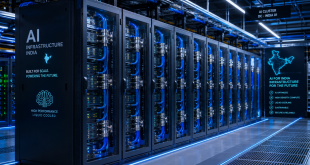 High-performance server racks inside a modern, liquid-cooled hyperscale data center in India optimized for AI processing.