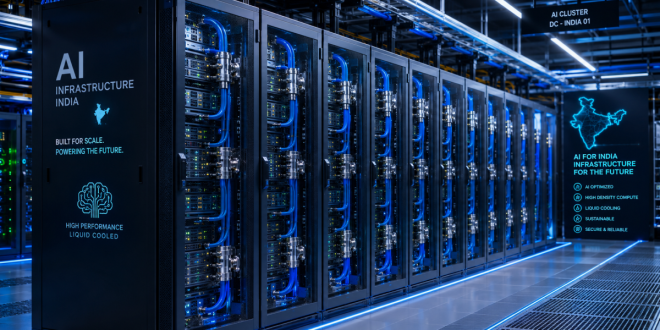 High-performance server racks inside a modern, liquid-cooled hyperscale data center in India optimized for AI processing.