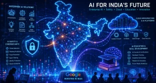 An abstract digital visualization highlighting interconnected data nodes, glowing neural network paths, and cloud infrastructure frameworks across a map of India, symbolizing advanced enterprise artificial intelligence, cybersecurity solutions, and technology education growth.