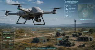 Autonomous defense drone powered by AI conducting surveillance over an open military testing field.