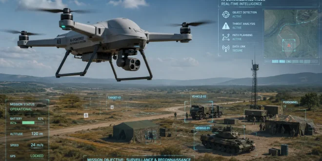 Autonomous defense drone powered by AI conducting surveillance over an open military testing field.