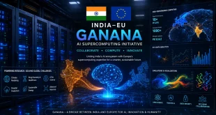 High-performance computing servers displaying data visualizations representing the India-EU GANANA AI supercomputing initiative.