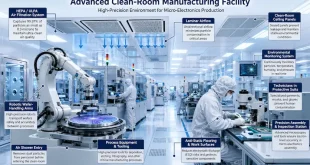 Labeled diagram of an advanced clean-room manufacturing facility showing HEPA air filtration systems, robotic wafer-handling arms, and technicians in protective suits assembling micro-electronics.