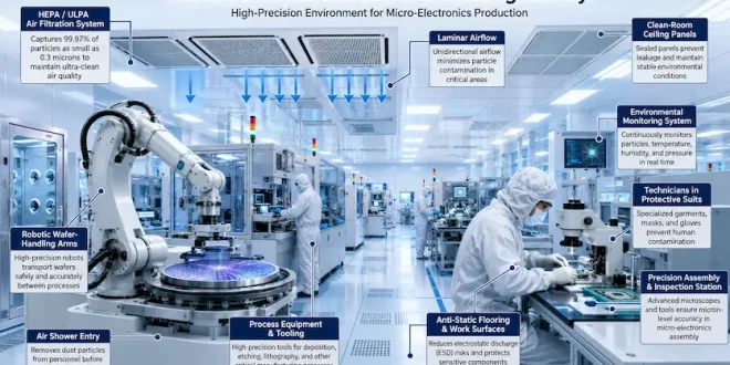 Labeled diagram of an advanced clean-room manufacturing facility showing HEPA air filtration systems, robotic wafer-handling arms, and technicians in protective suits assembling micro-electronics.