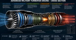 Diagram detailing the cross-section of an advanced military turbofan engine showing high-pressure compressors, combustion chamber, and turbine blades.