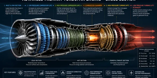 Diagram detailing the cross-section of an advanced military turbofan engine showing high-pressure compressors, combustion chamber, and turbine blades.