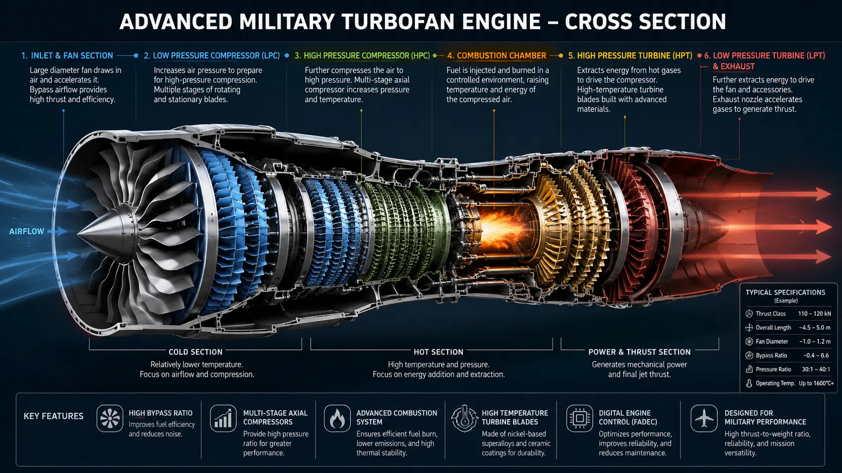 Diagram detailing the cross-section of an advanced military turbofan engine showing high-pressure compressors, combustion chamber, and turbine blades.
