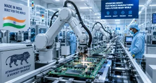 A modern automated electronics manufacturing facility floor showing robotic arms assembling complex circuit boards under bright cleanroom lighting, representing India's high-tech industrial manufacturing shift.
