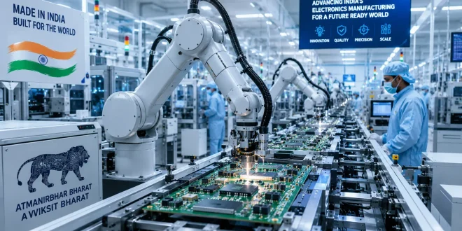 A modern automated electronics manufacturing facility floor showing robotic arms assembling complex circuit boards under bright cleanroom lighting, representing India's high-tech industrial manufacturing shift.