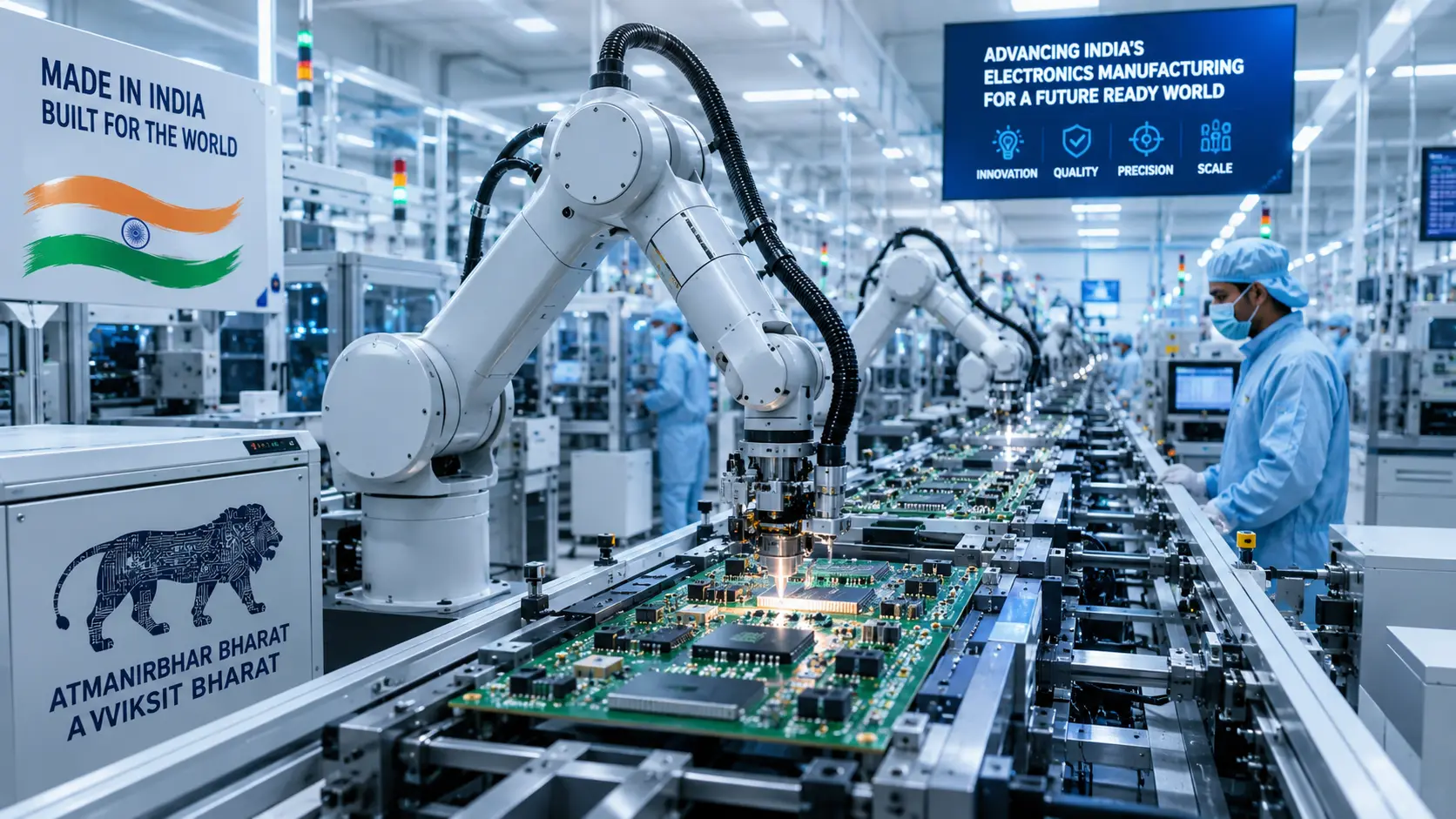 A modern automated electronics manufacturing facility floor showing robotic arms assembling complex circuit boards under bright cleanroom lighting, representing India's high-tech industrial manufacturing shift.