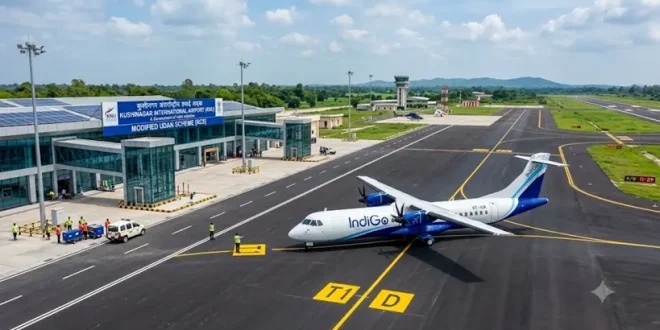 A commercial regional passenger aircraft taxiing on a newly constructed tarmac at a modernized Indian airport, illustrating infrastructure development under the Modified UDAN Scheme.
